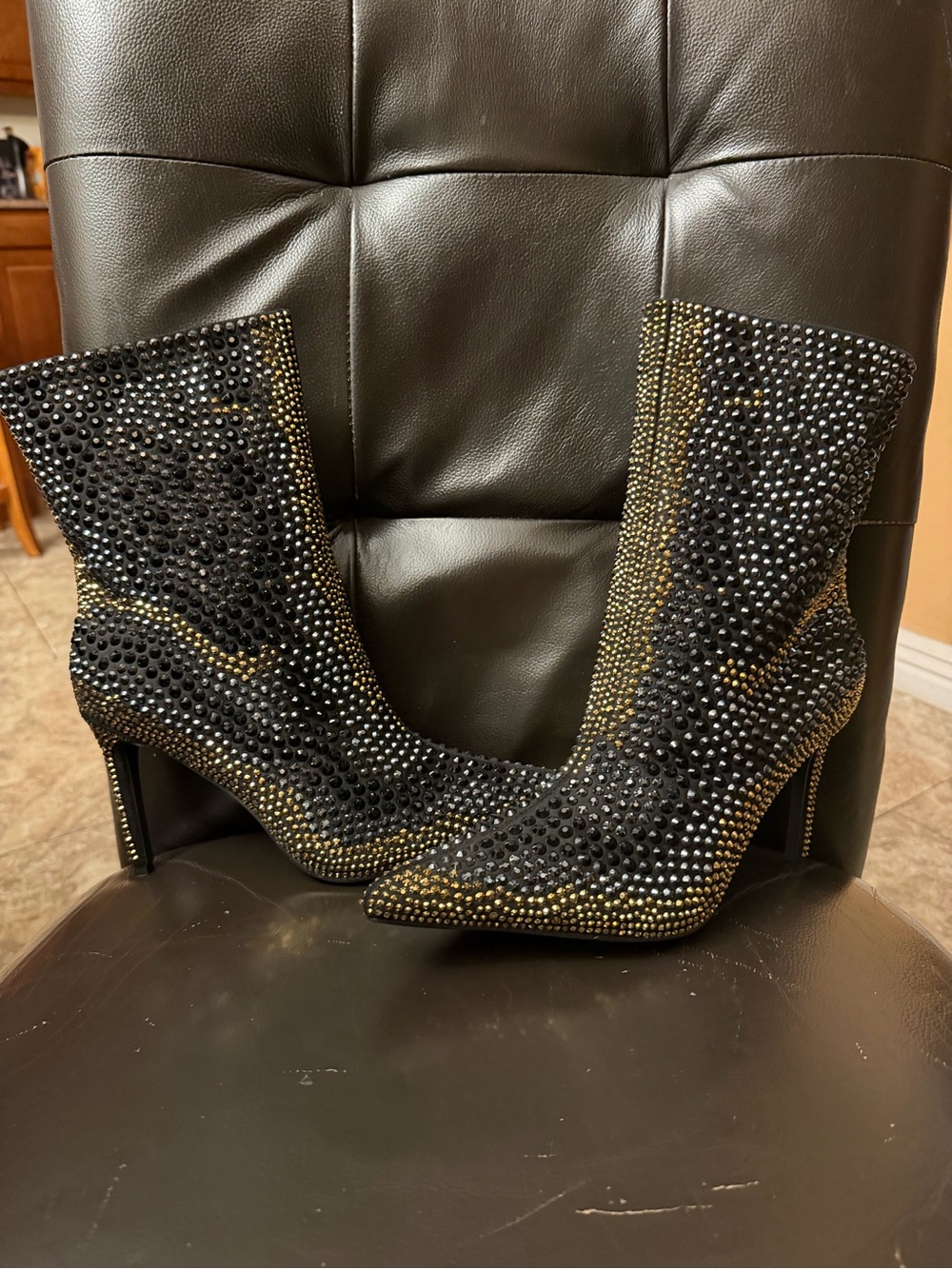 Studded Black Crystal Ankle Booties with Side Zip - Picture 4 of 8